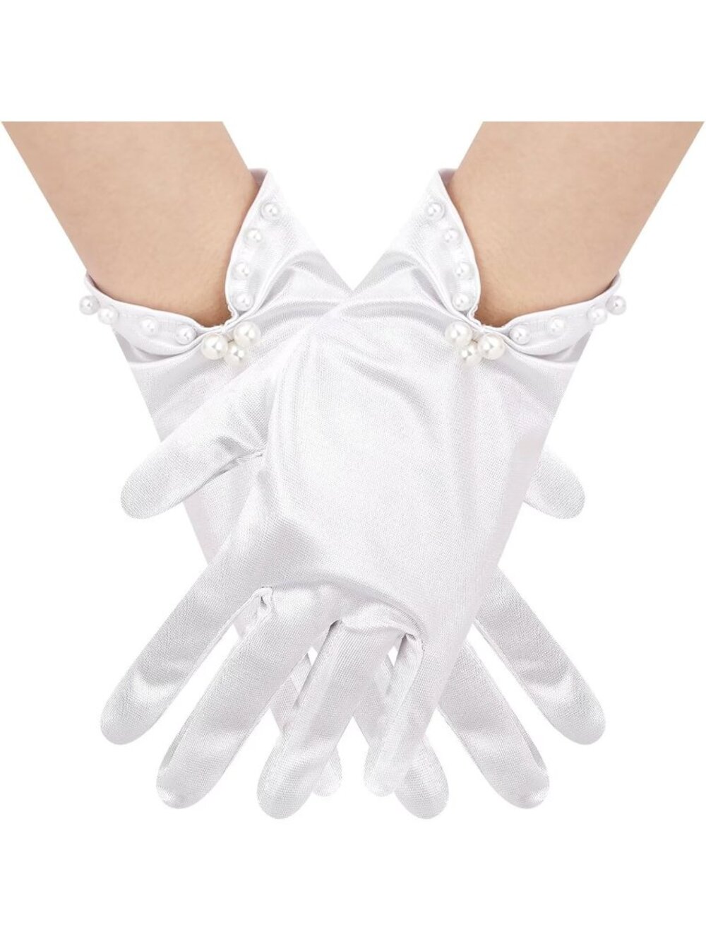 Women's White Short Satin Gloves with Pearl Tea Party Opera Banquet Gloves